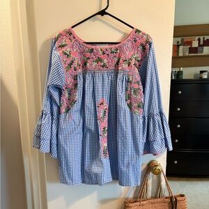 Mi Golondrina Blue and Pink Embroidered Blouse